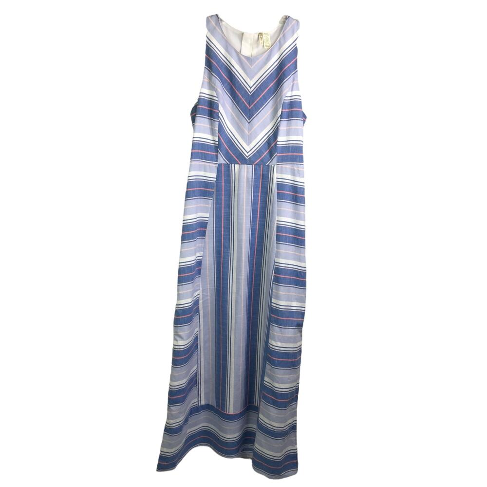 Japna Sleeveless Dress Womens Sz L Blue Striped‎ back Keyhole Elastic Waist NWT